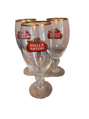 Stella Artois Belgium Beer Glasses Chalice 40CL Gold Rimmed Set of 3